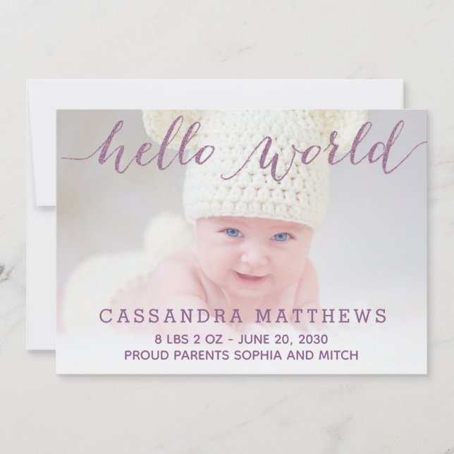 Anúncio de Foto de Nascimento do Bebê Roxo Elegant (Frente)