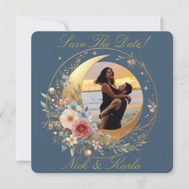 Anúncio de Foto de Save The Date Flor de Lua Azul (Frente)
