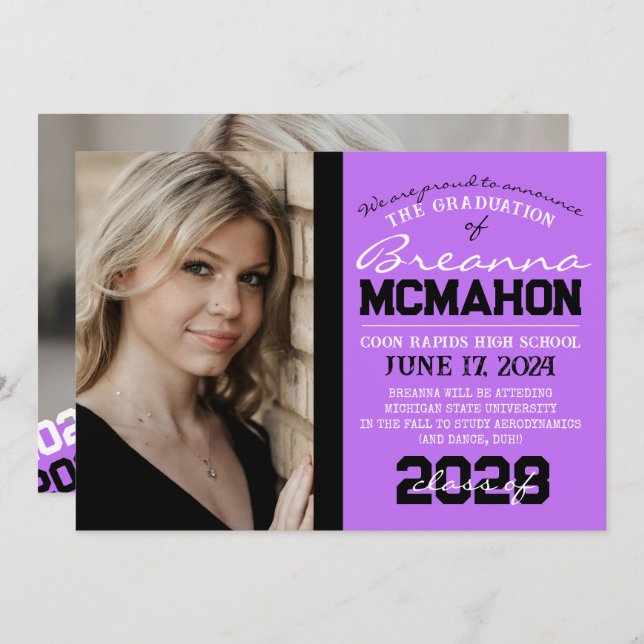 Anúncio de Foto para Graduação em Púrpura e Preta  (Frente/Verso)