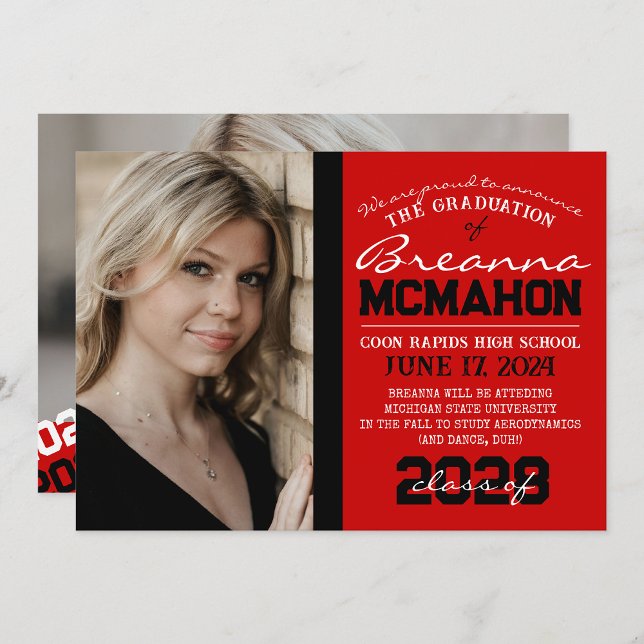 Anúncio de Foto para Graduação Vermelha e Preta 2 ( Repeating Class Year 1 & 2 Photo Graduation Invitations & Announcements)