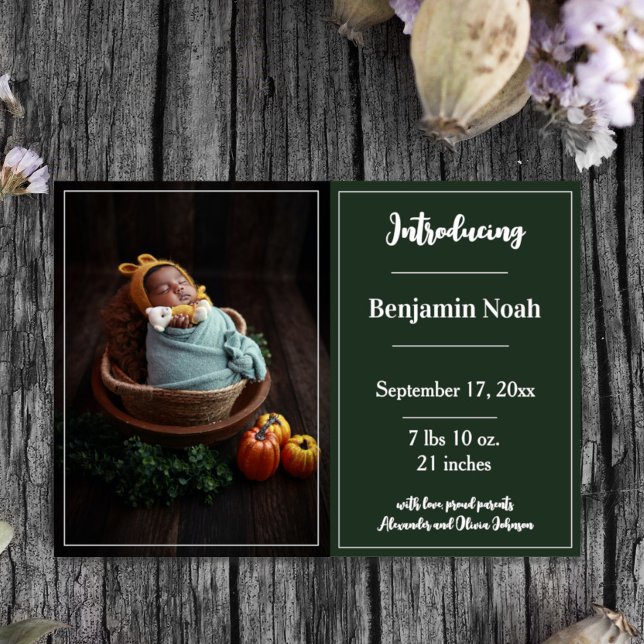 Anúncio de Foto Simples Emerald Green (Emerald Green Simple Photo Birth Announcement)