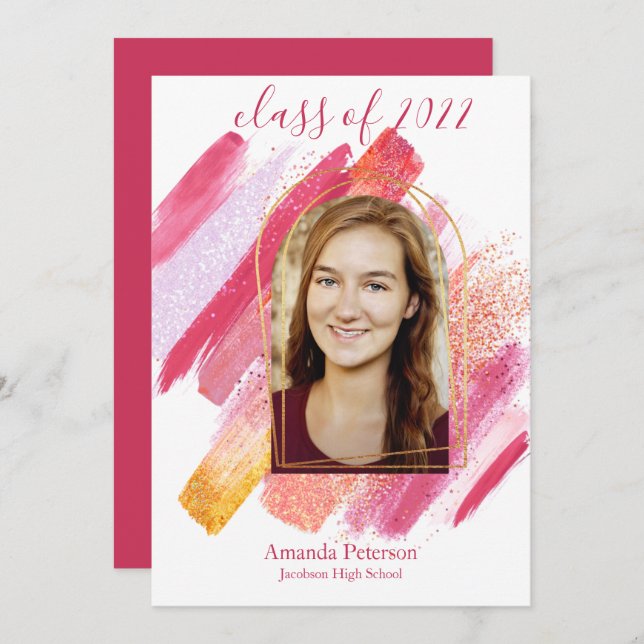 Anúncio de Graduação Archada Rosa Moderno e Dourad (Frente/Verso)