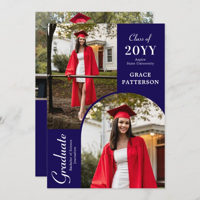Anúncio de Graduação Branco Azul de Foto Moderna (Frente/Verso)