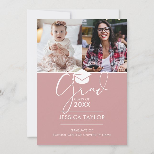 Anúncio de Graduação com 3 Fotos Pink Then And Now (Frente)