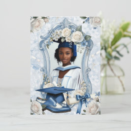 Anúncio de Graduação com Foto Floral Azul e Branco
