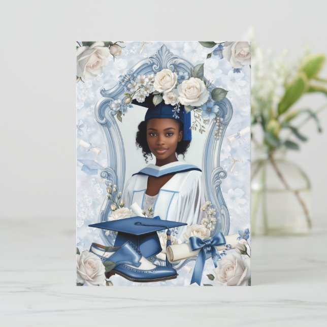 Anúncio de Graduação com Foto Floral Azul e Branco (Em pé/Frente)