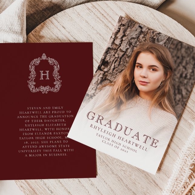 Anúncio de Graduação com Foto Monograma Bordeaux (Criador carregado)