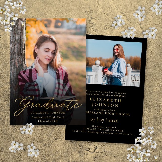 Anúncio de Graduação com Roteiro de Foto Ouro Pret (Black Gold Photo Script Graduation Announcement)
