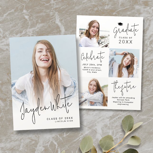 Anúncio de Graduação com Script Moderno 4 Fotos (Modern Script 4 Photo Graduation Announcement)