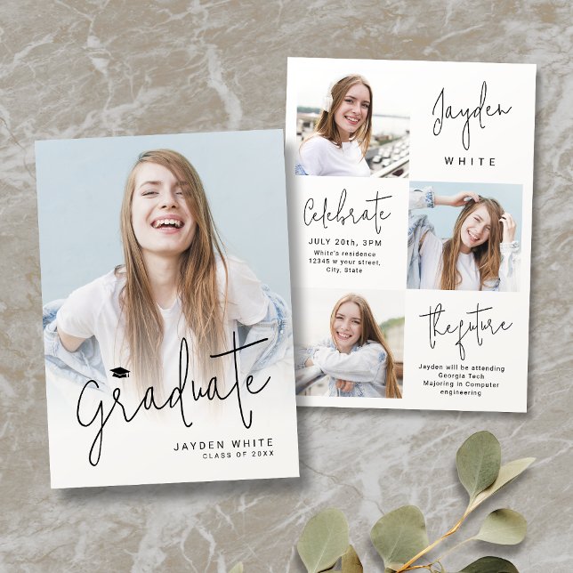 Anúncio de Graduação com Script Moderno 4 Fotos (Modern Script 4 Photo Graduation Announcement)
