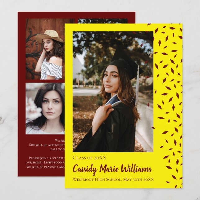 Anúncio de Graduação de Confetti Amarelo Maroon (Frente/Verso)