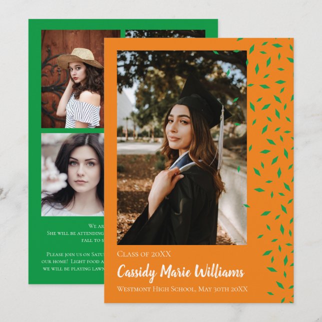 Anúncio de Graduação de Confetti Laranja Verde (Frente/Verso)