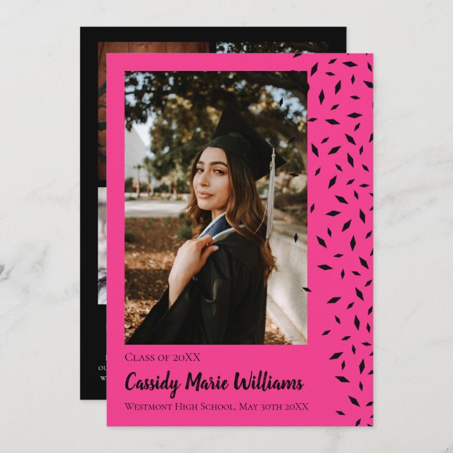 Anúncio de Graduação de Confetti Preto-Rosa (Frente/Verso)