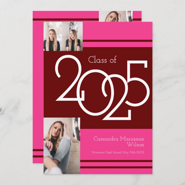 Anúncio de Graduação de Cores Escolares Rosa Maroo (Frente/Verso)