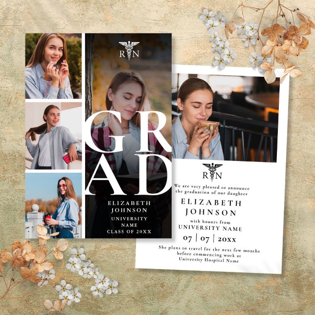 Anúncio de Graduação de Enfermagem RN Moderno com  (Modern 5 Photo RN Nursing Graduation Announcement)