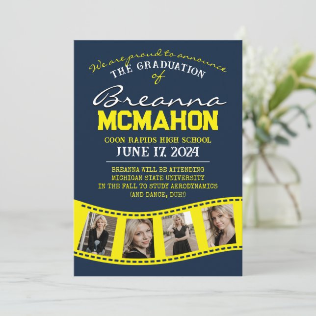Anúncio de graduação de fita de marinho e amarelo (Em pé/Frente)