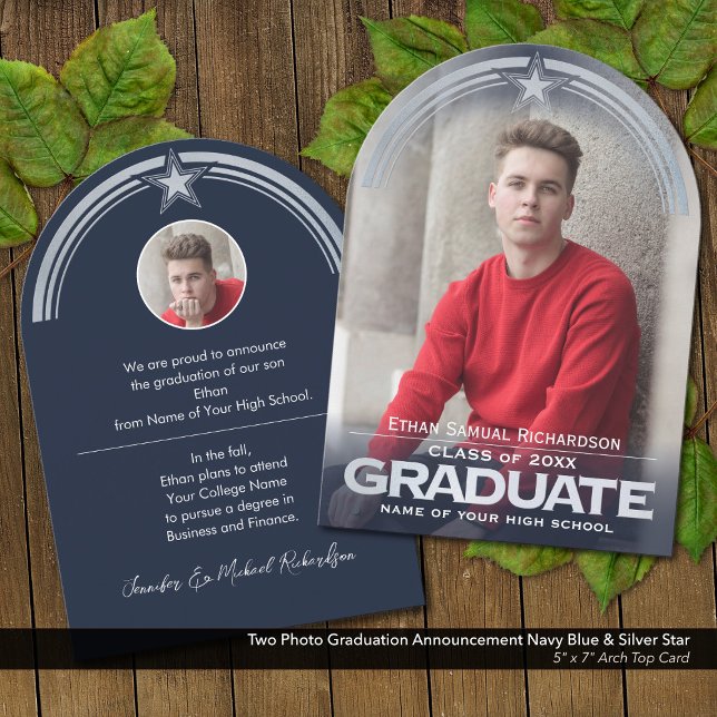 Anúncio de Graduação de Foto Blue & Silver Star (Two Photo Graduation Announcement in Dark Navy Blue with Faux Metallic Silver Embossed Details.)