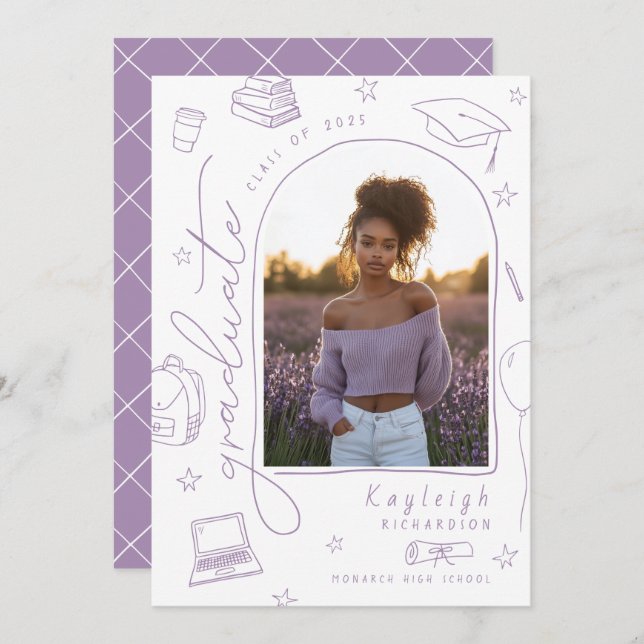 Anúncio de Graduação de Foto Desenhada em Mão Roxa (Frente/Verso)