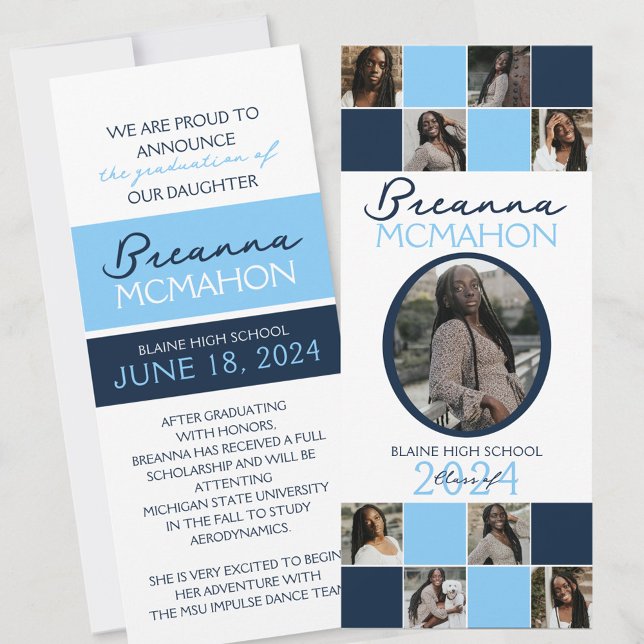 Anúncio de Graduação de Foto do Baby Blue & Marinh (White, Light Blue and Navy Blue 9 Photo Formal Elegant Graduation Announcements)