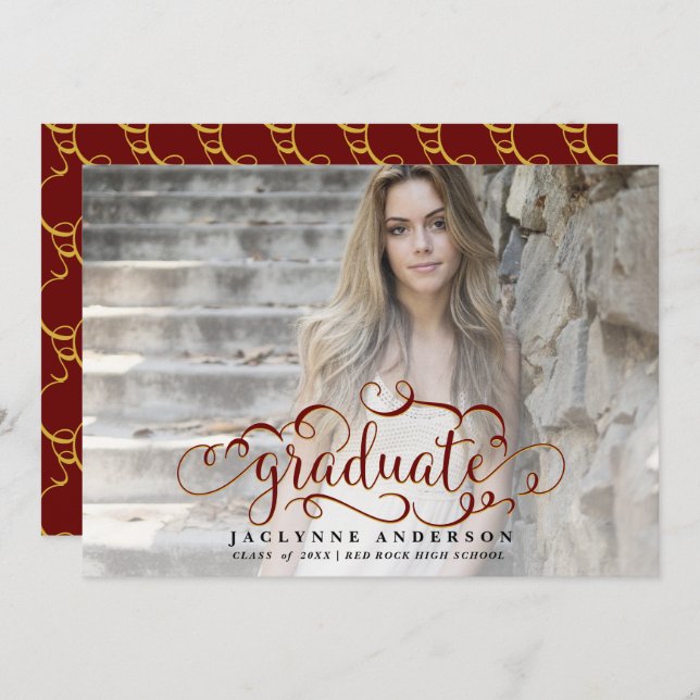 Anúncio de Graduação de Foto Dourada Maroon (Frente/Verso)