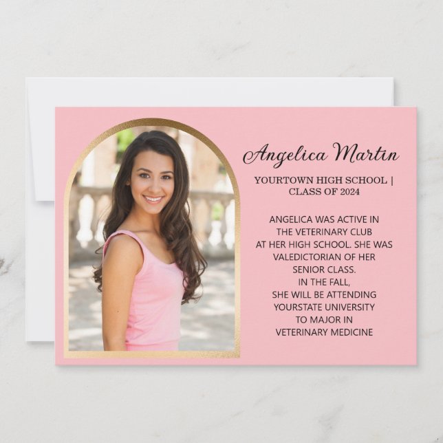 Anúncio de Graduação de Foto em Arco Dourado Rosa (Frente)