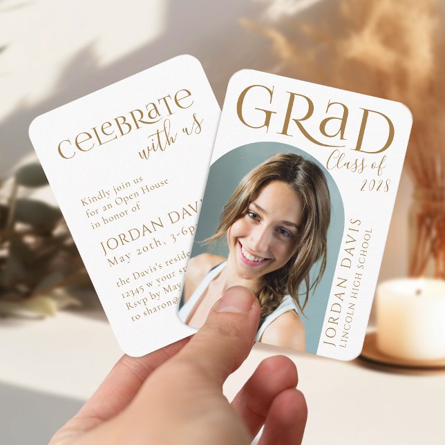Anúncio de Graduação de Foto em Arco Moderno Doura (Gold Modern Arch Photo Graduation Announcement)