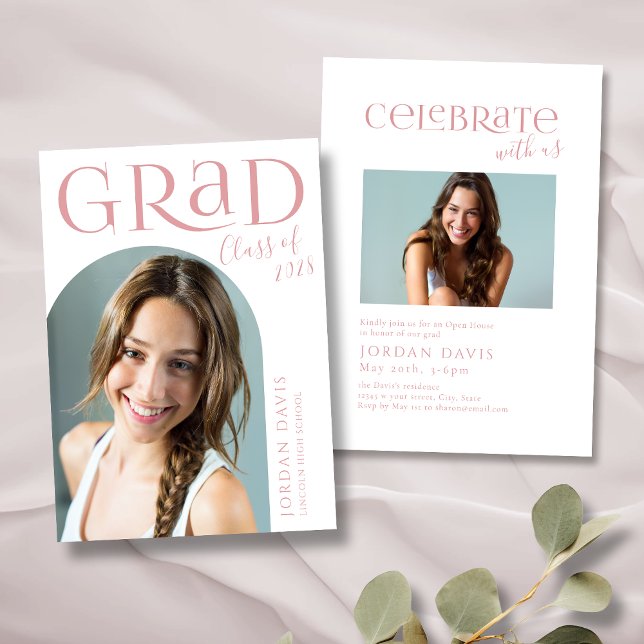 Anúncio de Graduação de Foto em Arco Moderno Rosa (Pink Modern Arch Photo Graduation Announcement)