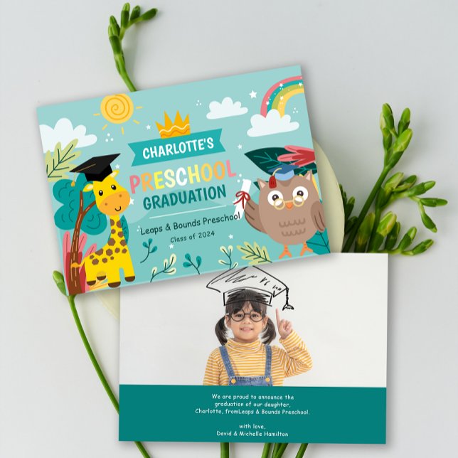 Anúncio de Graduação de Foto em Crianças de Animai (Animal Kid Preschool Photo Graduation Announcement)