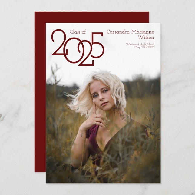 Anúncio de Graduação de Foto em Maroon Moderno (Frente/Verso)