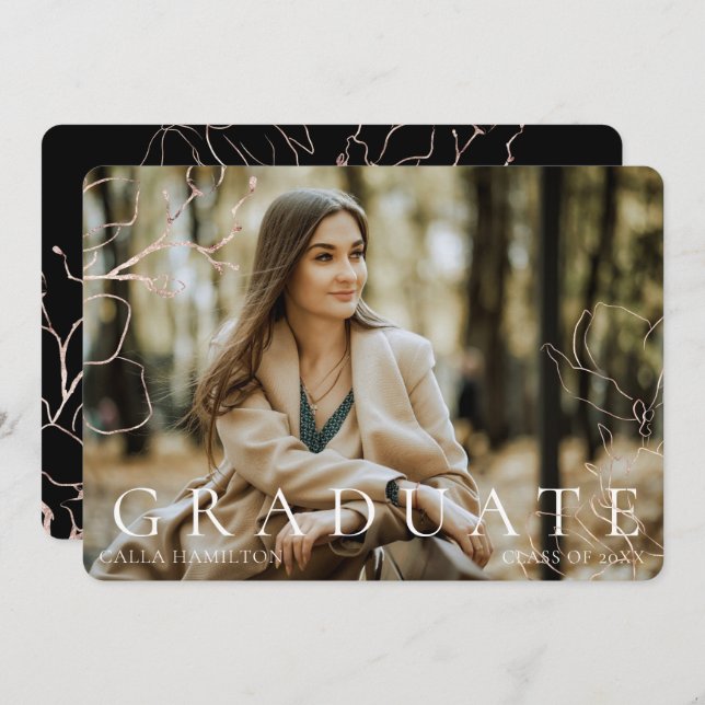 Anúncio de Graduação de Foto Floral Dourada Preta (Frente/Verso)