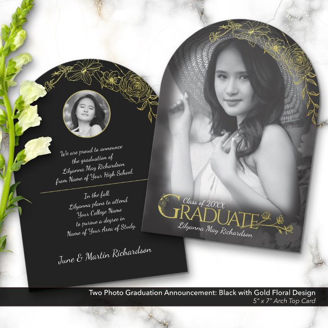 Anúncio de Graduação de Foto Preto e Dourado Flora (Two Photo Graduation Announcement: Elegant Gold Floral Design for Black-and-White Photos.)