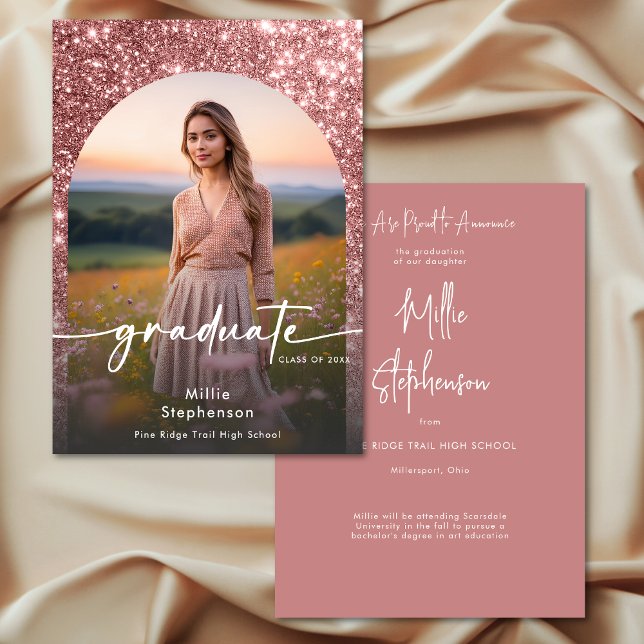 Anúncio de Graduação de Foto Rosa Rosa Moderna (Modern Photo Pink Glitter Graduation Announcement)