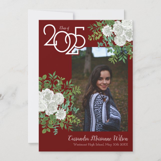 Anúncio de Graduação de Foto White Rose Burgundy (Frente)