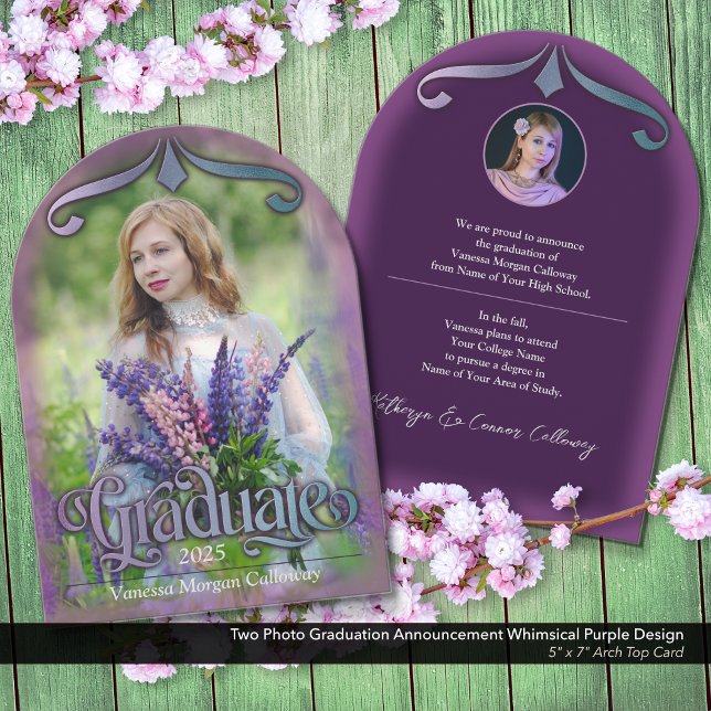 Anúncio de Graduação de Fotografia Roxo Whimsical (Two Photo Graduation Announcement: Whimsical and Enchanting Purple Fairytale Aesthetic.)