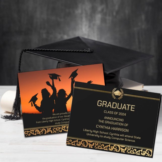 Anúncio de Graduação de Quadro de Ouro Elegante (Elegant gold Frame Graduation Announcement, #grade #elegant #photo #goldfoil #classof2024)