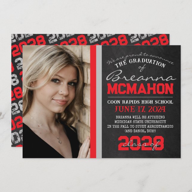 Anúncio de Graduação do Quadro Vermelho e Prateado (Frente/Verso)