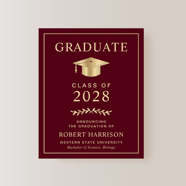 Anúncio de Graduação Dourada da Borgonha do Orçame (An elegant college graduation announcement to celebrate the graduate's achievements)
