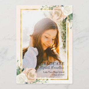 Anúncio de Graduação Dourada Floral e Folha de Blu