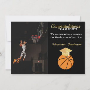 Anúncio de graduação em basquetebol negro e Dourad