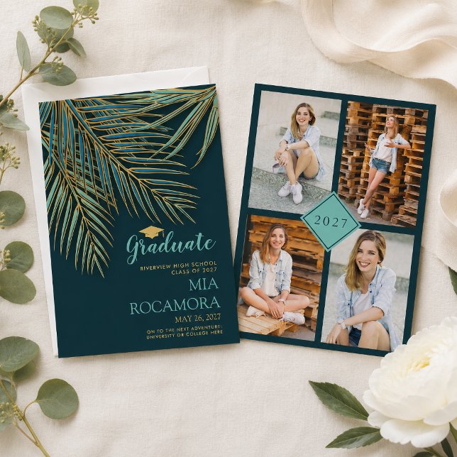 Anúncio de Graduação em Dourado e Azul Turquesa co (Share your incredible achievement with style using this Modern Palm Frond Teal Graduation Card.)