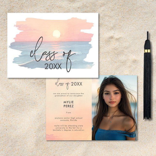 Anúncio de Graduação em Praia Sunset do Oceano Mod (Modern Ocean Sunset Beach Graduation Announcement)