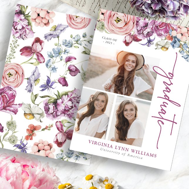 Anúncio de Graduação Floral da Burgundy (Burgundy Floral Graduation Announcement with Pictures by Painted Paperie
)