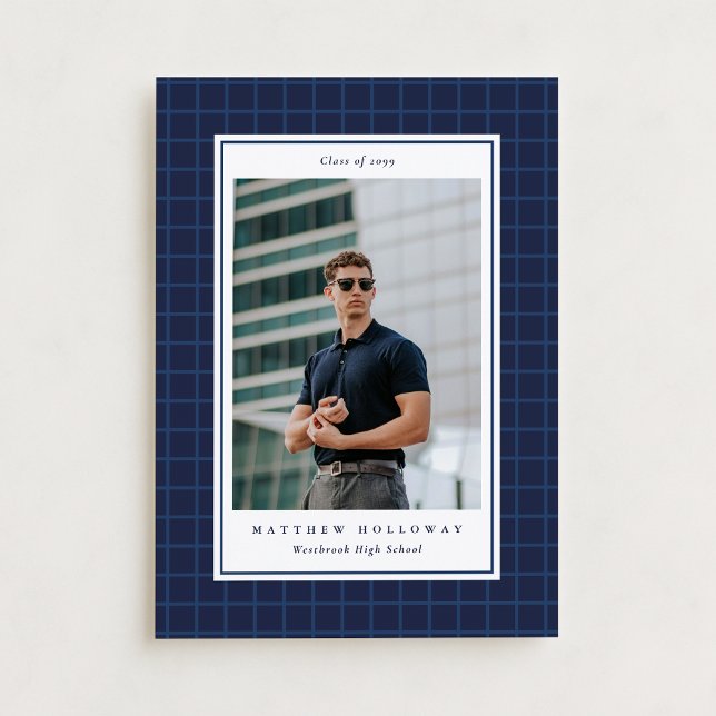 Anúncio de Graduação Foto Única Preppy Navy Grid (Criador carregado)