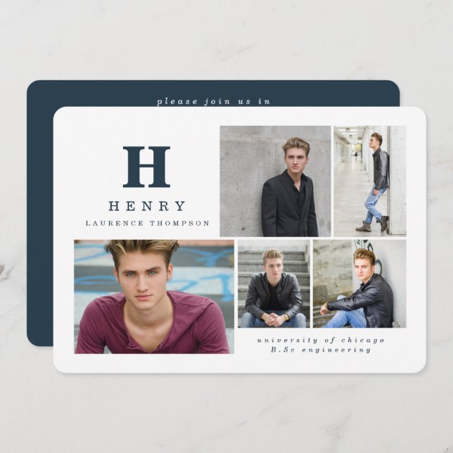 Anúncio de graduação inicial com várias fotos azul (Frente/Verso)