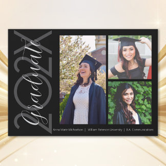Anúncio de Graduação Preto e Branco com Três Fotos