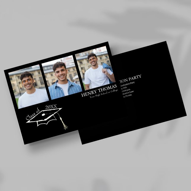 Anúncio de Graduação Preto Moderno com Múltiplas F (Modern black graduation card with three photo collage and cap design)