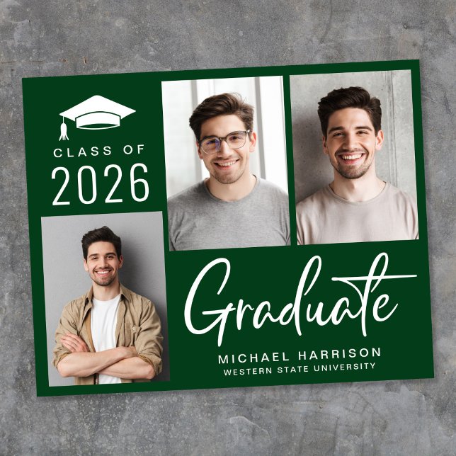 Anúncio de Graduação Verde de Foto no Orçamento 3 (Cherish the milestone: share your graduate's achievement with a custom photo graduation announcement)