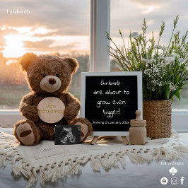 Anúncio de gravidez com nascer do sol, urso e flor