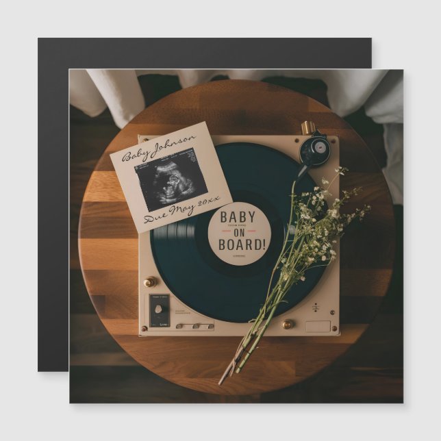 Anúncio de Gravidez com Tocador de Vinil Antigo (Frente/Verso)