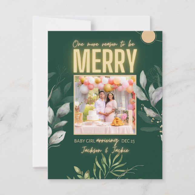 Anúncio de gravidez elegante em verde no Natal (Frente)